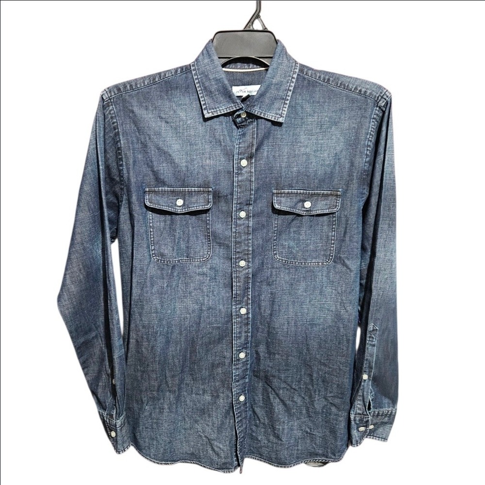 Peter Millar Mens Denim Button Up Shirt Dark Wash Long Sleeve Size Medium Blue